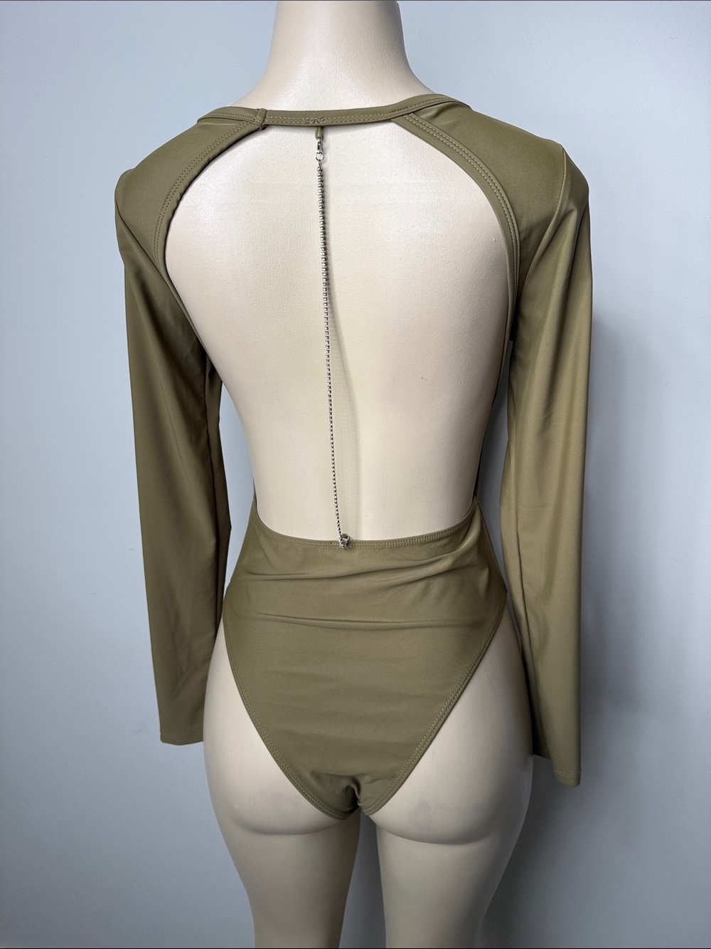SHEIN Olive Long Sleeve Open-Back Bodysuit